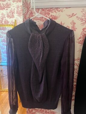 Tory Burch Deep Purple Sheer-Sleeve Knit Top with Embellished Scarf